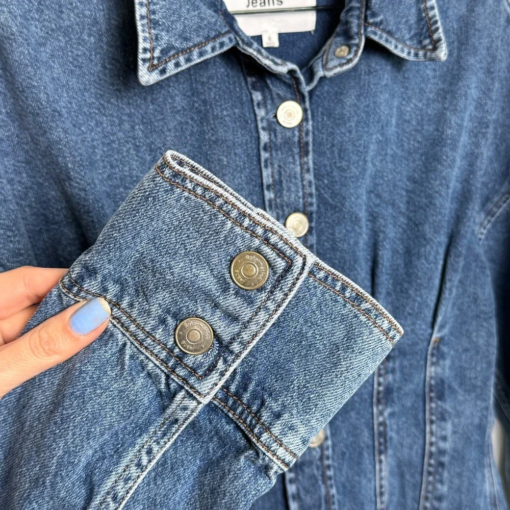 Reformation Roxanna Cinch Waist Denim Mini Dress‎ Blue Button Front Size 6 - Picture 5 of 9